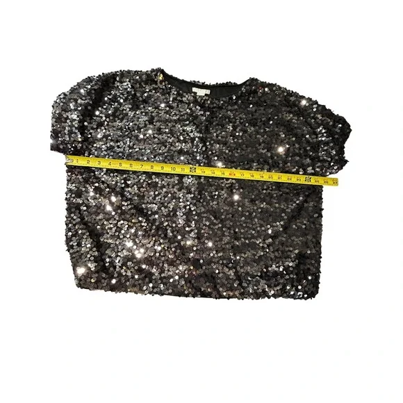 HM Black Sequin Short Sleeve Top Womens Large Boxy Scoop Neck Party Blouse - Picture 7 of 7